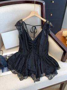 SHEIN Frenchy Plus Size Women's Elegant Asymmetrical Lace Black Tank Top, Summer - Black - View 7