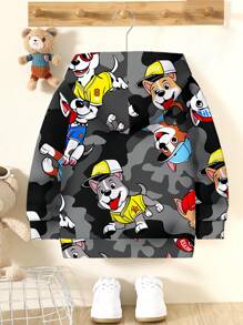 SHEIN 年轻男孩休闲简约卡通狗图案宽松简约日常舒适针织长袖连帽运动衫，适合秋冬季