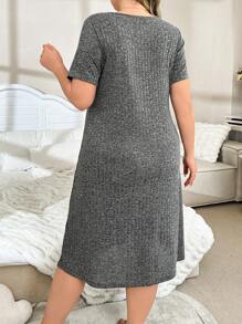 Plus Size Solid Color Knitted Casual Comfortable Nightgown - Dark Grey - View 3