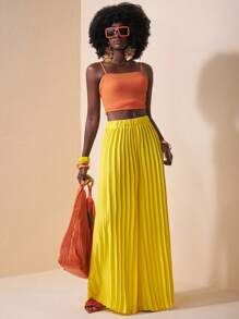 Zivah Beach Summer Elegant Elastic Waist Yellow Pleated Large Hem Extra Long Wide Leg Pants Women's Trousers-C - Yellow - View 4