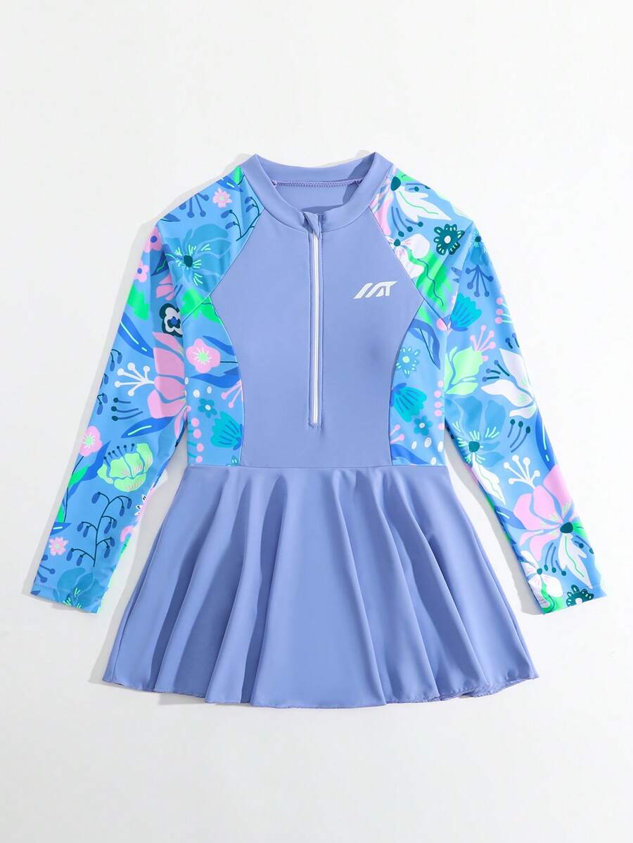 Tween Girls' Tropical Plant Print One-Piece Long Sleeve Swimsuit, Casual Resort Wear - Baby Blue - View 1