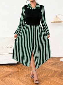 Flirla Plus Size Casual Striped Patchwork Mock 2 Pieces Dress, Autumn Maxi Women Outfit - Multicolor - View 3