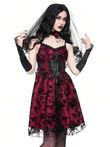 ROMWE Wedding Women Dresses Gothic Vintage Mesh Wine Red Slip Dress For Women - Burgundy - View 3