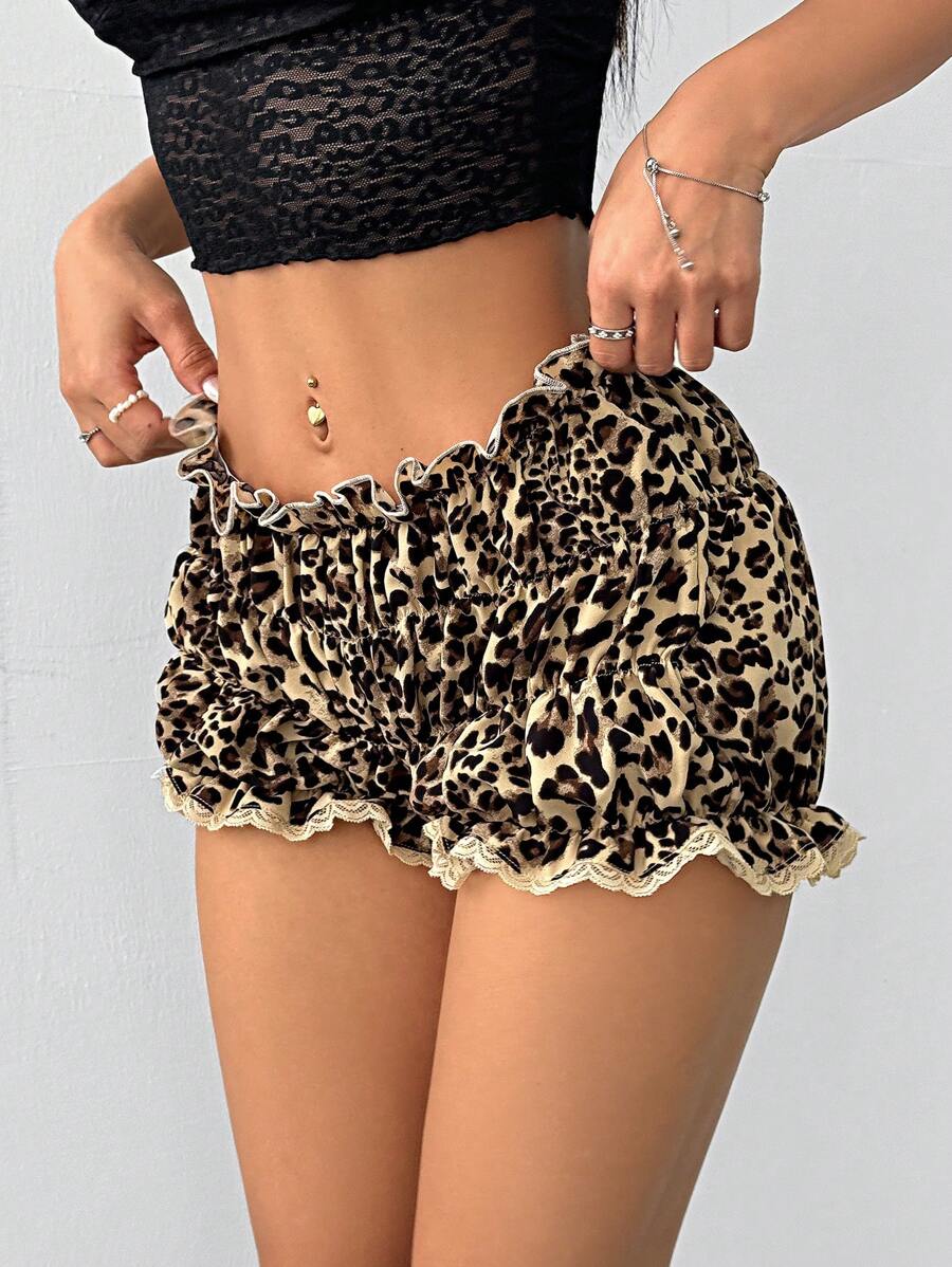 SHEIN EZwear Quần short thường ngày họa tiết da báo cho nữ, phong cách thời trang phù hợp cho mùa hè - Màu Khaki - Xem 1