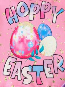 2pcs/Set Girls Cute Egg & Floral Print Short Sleeve Top With Ruffle Hem And Bow Decorated Skirt Suit,Easter Outfit, Summer