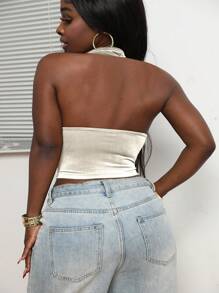 INAWLY Women's Sexy Party Wear Deep V-Neck Stretchy Fitted Decorated Button Halter Backless Crop Top, Spring/Summer - White - View 2