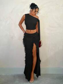 SHEIN BAE Summer And Early Spring Pure Red Sexy Simple Elegant Sling Ruffled Sling Tight Slim Fit Ladies Lotus Leaf Ribbon Asymmetrical Hem Simple Ladies Suit, Valentine's Day Suit, Party Suit, Romantic Date Suit, Wedding Bridesmaid Dress Suit, Prom Suit, Daily Commuting Suit, Red Suit, Birthday Dress Suit, Asymmetrical Collar Off-Shoulder Suit - Black - View 1