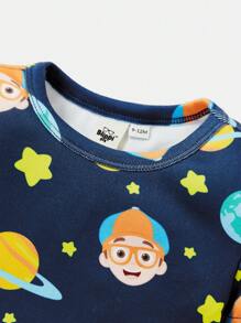 Blippi X SHEIN Baby Boy Cartoon Planet Print Navy Blue Short Sleeve T-Shirt And Shorts Tight Comfortable Casual Pajama Set
