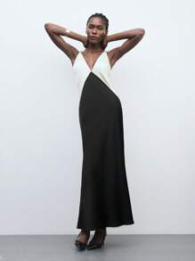 Maija Black & White Contrast V-Neck Sleeveless Bodycon Midi Dress, Elegant Backless Design, Suitable For Wedding Guest Outfit, Spring Clothes Women Valentines Day Elegant Party Dress - Black and White - View 7