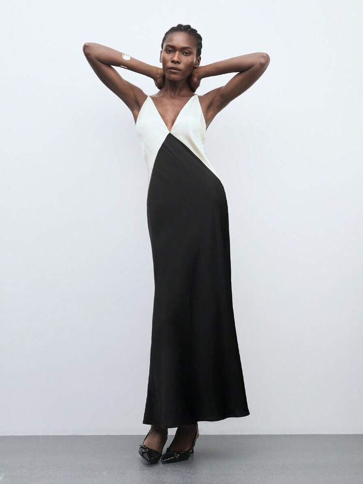 SHEIN Maija MAIJA Elegant Vacation Satin Wrap V-Neck Sleeveless Maxi Dress