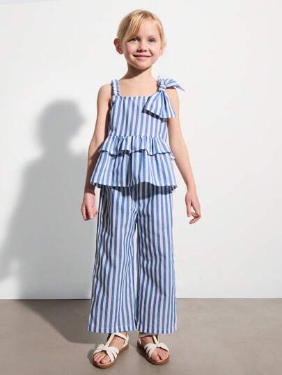 SHEIN 年轻女孩条纹蝴蝶结装饰背心和长裤套装