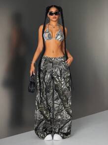 SHEIN ICON Women's Loose Fit Branch Printed Wide Leg Casual Denim Pants - Green - View 5