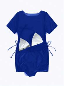 SHEIN Swim Curve 大码纯色比基尼套装，度假/海滩 - 藍色 - 查看 2