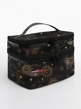 Maryam Alam Bolsa de almacenamiento con doble capa y gran capacidad con impresión de sol y luna, bolsa de cosméticos de artista para vacaciones