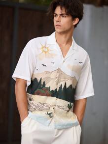 Maija Men's Casual Vacation Landscape Printed Short Sleeve Shirt - Multicolor - View 1