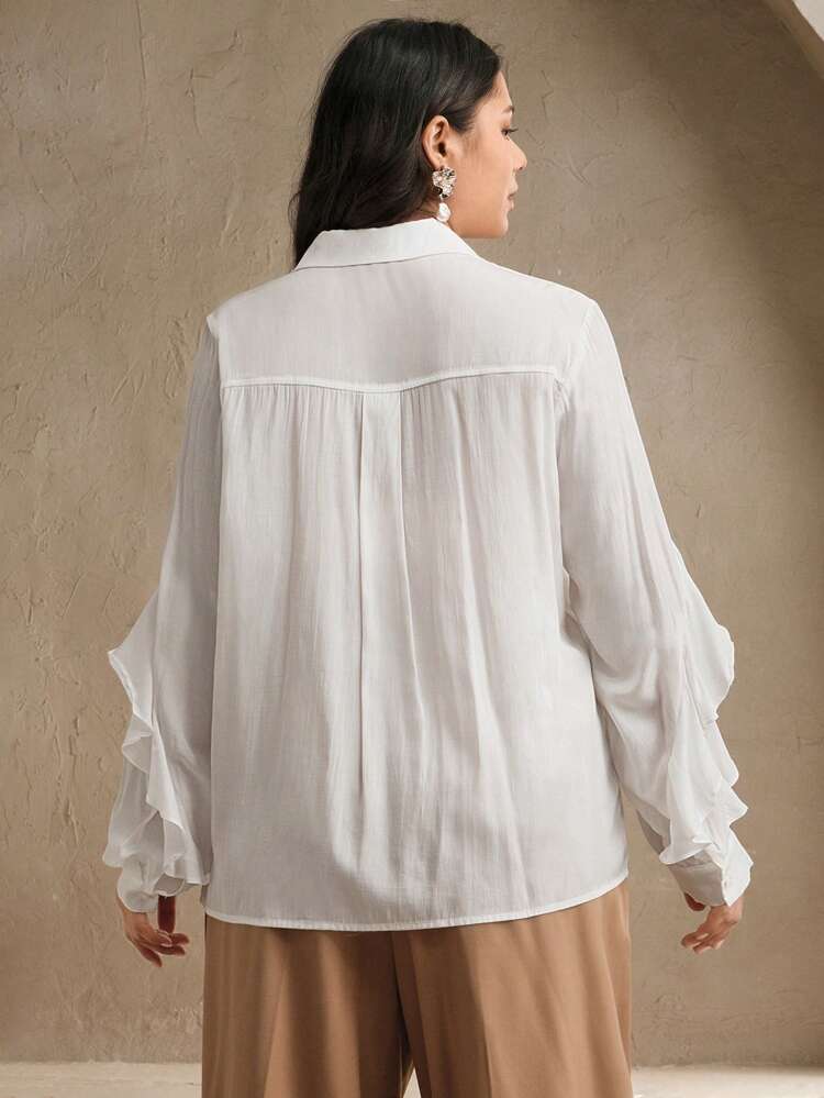Chemisier élégant et casual de 2XL à 5XL pour femmes, avec ornement de volant de couleur blanche, chemise décontractée mode vacances