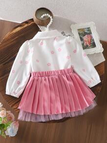2pcs/Set Baby Girl Blouse And Pleated Skirt Outfit - Pink - View 2