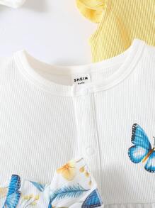 SHEIN 3pcs/Set Baby Girls' Casual Cute Butterfly Print Cap Sleeve Loose Elastic Comfortable Romper & Headband - Multicolor - View 5