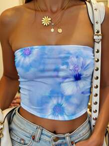 SHEIN EZwear 女士休闲蓝色花卉图案抹胸短款上衣，适合夏季