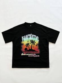 Manfinity VCAY Gender Neutral Casual Knit Coconut Tree & Seagull Island Illustration Print Loose Raglan Short Sleeve T-Shirt - Black - View 3