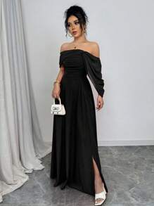 Rafferiza Đầm xòe hở vai, cổ bẻ, eo xoắn không dây cho nữ - màu đen - Xem 4