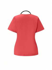 SHEIN TaskFit 女式纯色V领短袖双口袋上衣和裤子制服套装 - 珊瑚橙 - 查看 5