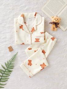 2pcs Young Girls Cute Bear Print Short Sleeve Top & Pants Loungewear Set, Casual & Comfy, Loose Fit
