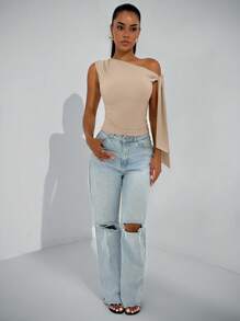 SHEIN BAE Áo hở vai cổ lệch thanh lịch dành cho nữ, trang phục thường ngày mùa xuân hè, trang phục dự tiệc hộp đêm, trang phục Halloween - Màu Khaki - Xem 3