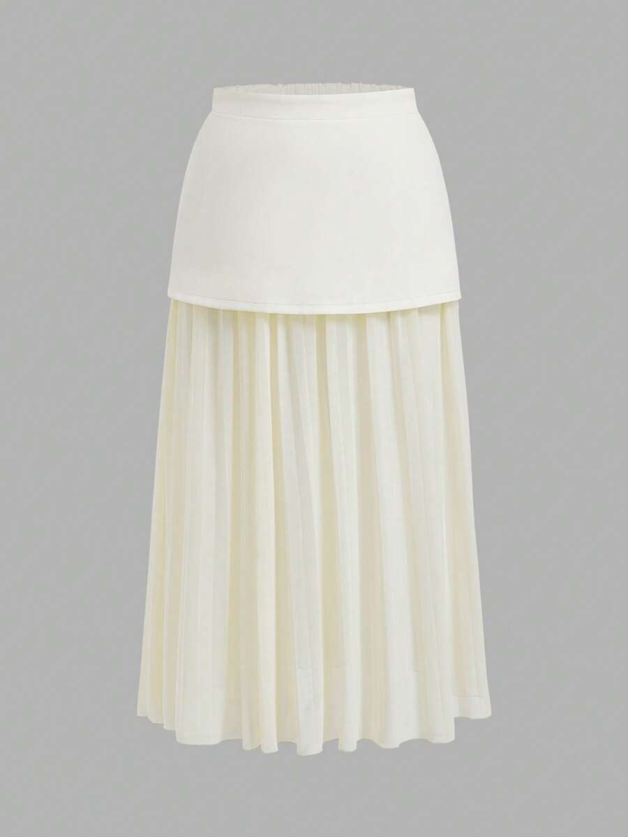 SHEIN EZwear Plus Size Romantic Semi-Sheer Pleated Patchwork Skirt For Spring