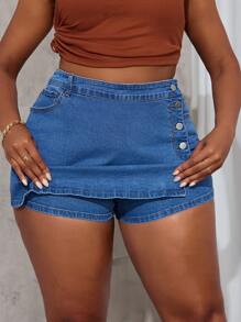 SHEIN SXY Plus Size Women Cowgirl Style Elastic Blue Asymmetrical Denim Shorts  Summer Outfits For Women Festival Outfits  Skorts Vacation Outfits Woman - Blue - View 6