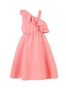 SHEIN Vestido de niña preadolescente de tela texturizada con cuello de volantes asimétricos, cinturón
