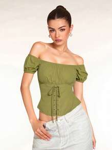 Glamine Women's Solid Color Eyelet Tie-Up Off Shoulder Short Sleeve Crop Top - Mint Green - View 1