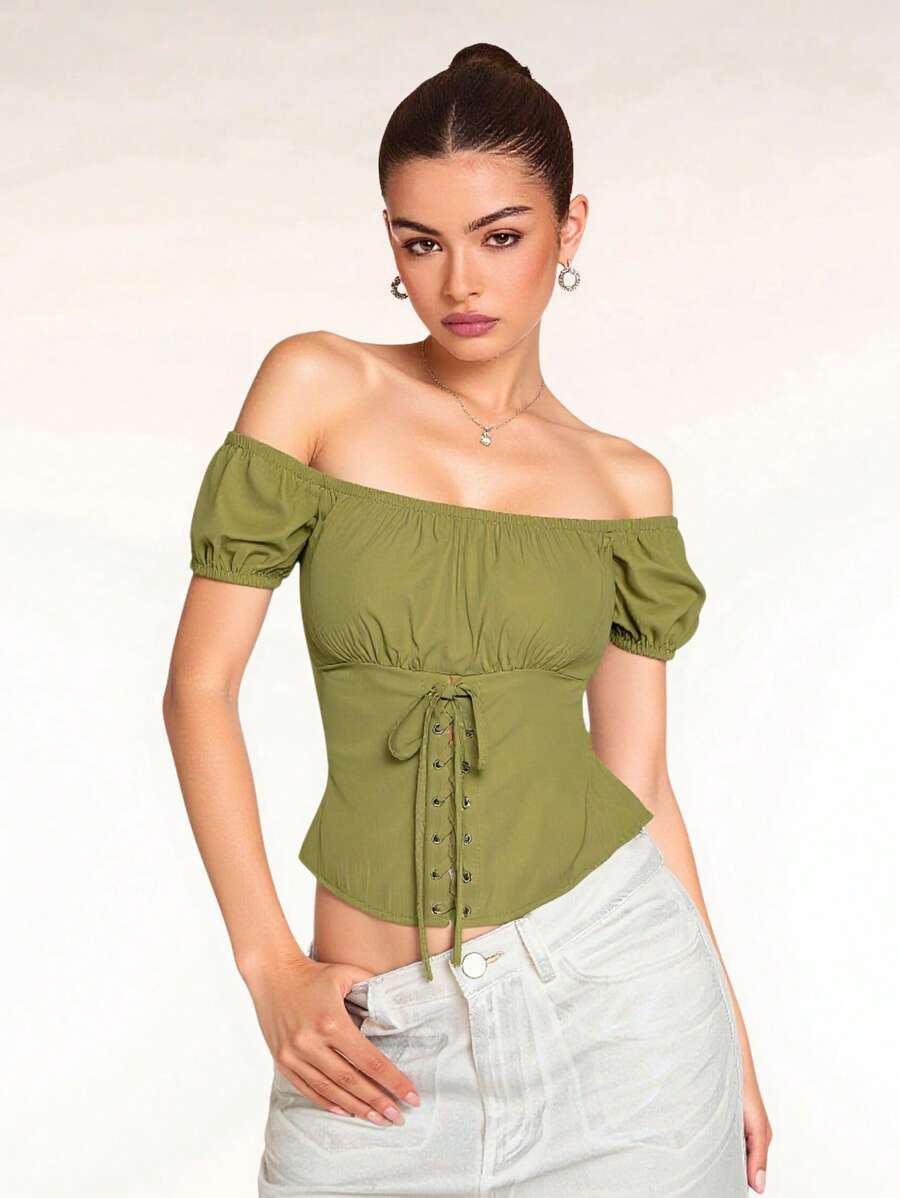 Glamine Women's Solid Color Eyelet Tie-Up Off Shoulder Short Sleeve Crop Top - Mint Green - View 1