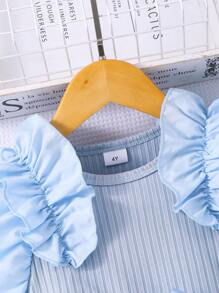 Glamorique Kids Young Girl' Cap Sleeve Ribbed Mesh Round Neck Princess Versatile Summer Dress, With Belt - Blue - View 6