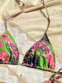 SHEIN Swim 女士花卉印花性感比基尼套装，夏季沙滩两件套泳衣，随机印花泳衣