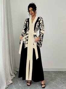 SHEIN PETITE Vestido largo de manga de campana con estampado floral bicolor negro y albaricoque, elegante para mujer de talla pequeña, para primavera/verano