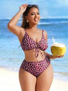 Swim Vcay 2pcs Plus Size Women's Leopard Print Hollow Out Sexy Spaghetti Strap Drawstring Beach Bikini Set - Pink - View 3