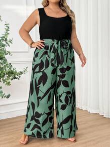 SHEIN CURVE+ Plus Size Women's Belt Printed Patchwork Casual Jumpsuit, Summerbeach Outfits For Woman/Beach Dress/Beach Vacation Outfits/Beach Essentials / Graduation/Tea Party Dress