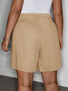 SHEIN LUNE 加大码女式亚麻弹力荷叶边下摆休闲短裤，夏季女士春假夏季波西米亚风复古棉质 - 卡其色 - 查看 2