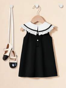 Rochie gri, drăguță, minimalistă, elegantă, cu broderie, fără mâneci, cu guler cu volane, potrivită pentru ținute casual zilnice, întâlniri, ieșiri și vacanțe de vară - Negru - Vizualizare 2