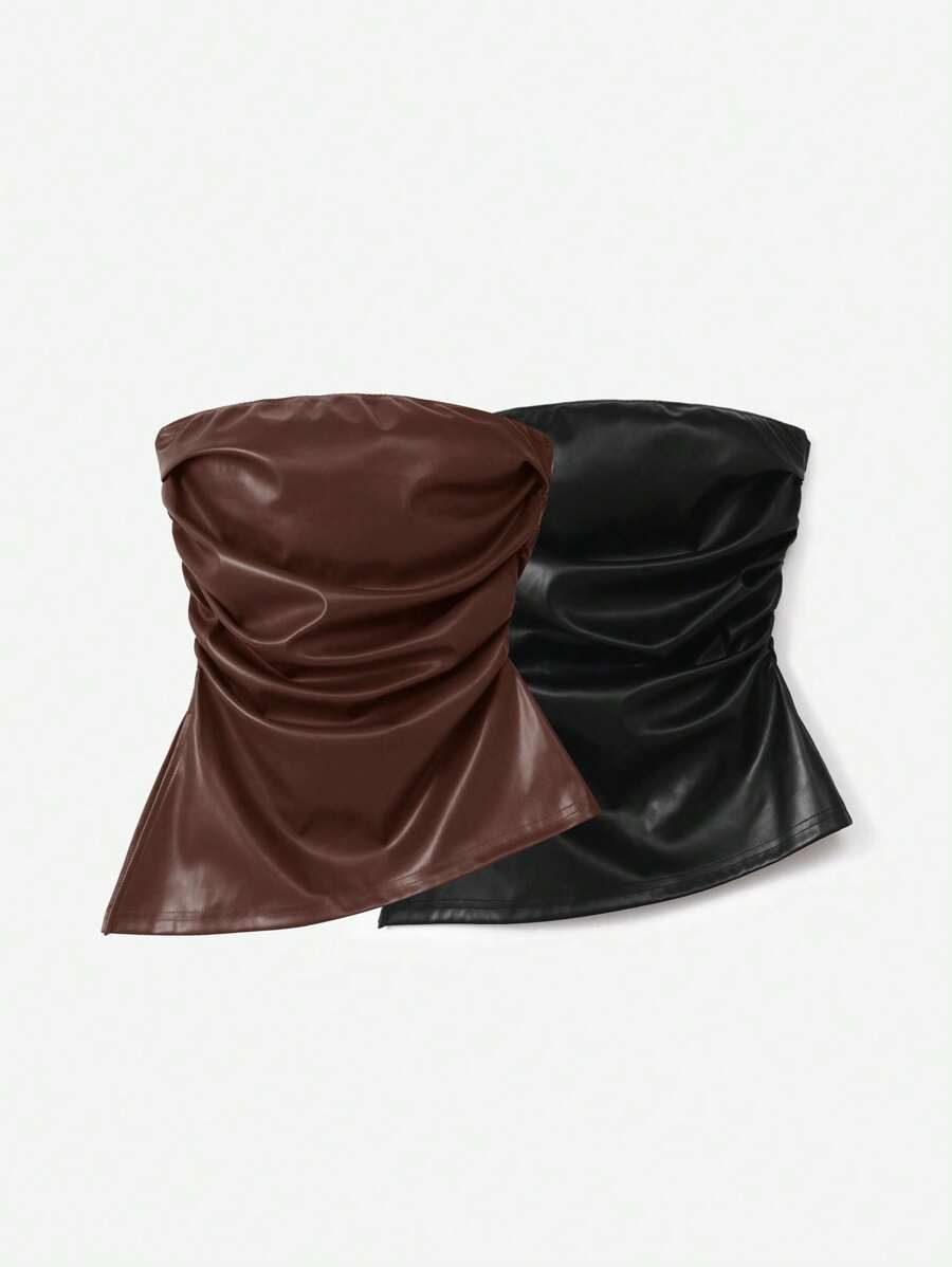 SHEIN EZwear 2pcs Women Solid Color PU Cropped Tank Top, Spring/Summer Brown - Chocolate Brown - View 1
