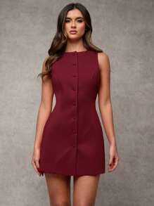 SHEIN BAE Women's Round Neck Sleeveless Front Button Casual Short Dress,Business Casual Woman,Valentine's Day,Valentine Outfits For Women