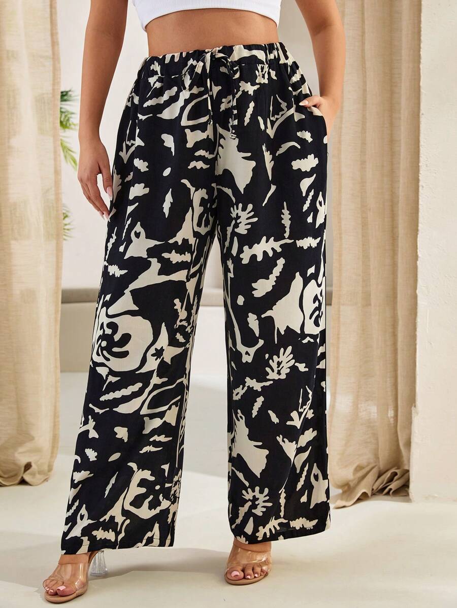 RueChic Plus Women Wide Leg Pants Allover Print With Pocket And Drawstring - Brown - View 1