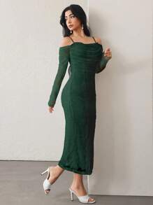 Modelyn Abito elegante da donna con scollo a draped, spalline sottili e maniche lunghe in pizzo, adatto per uscite serali e feste