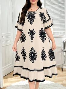 Plus Size Print Loose Fit Short Sleeve Nightgown, Moo Moo Sleep Dress - Multicolor - View 6