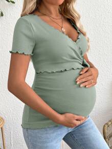 SHEIN Maternity Solid Color Short Sleeve V-Neck T-Shirt, Simple & Fashionable, Suitable For Summer - Green - View 4