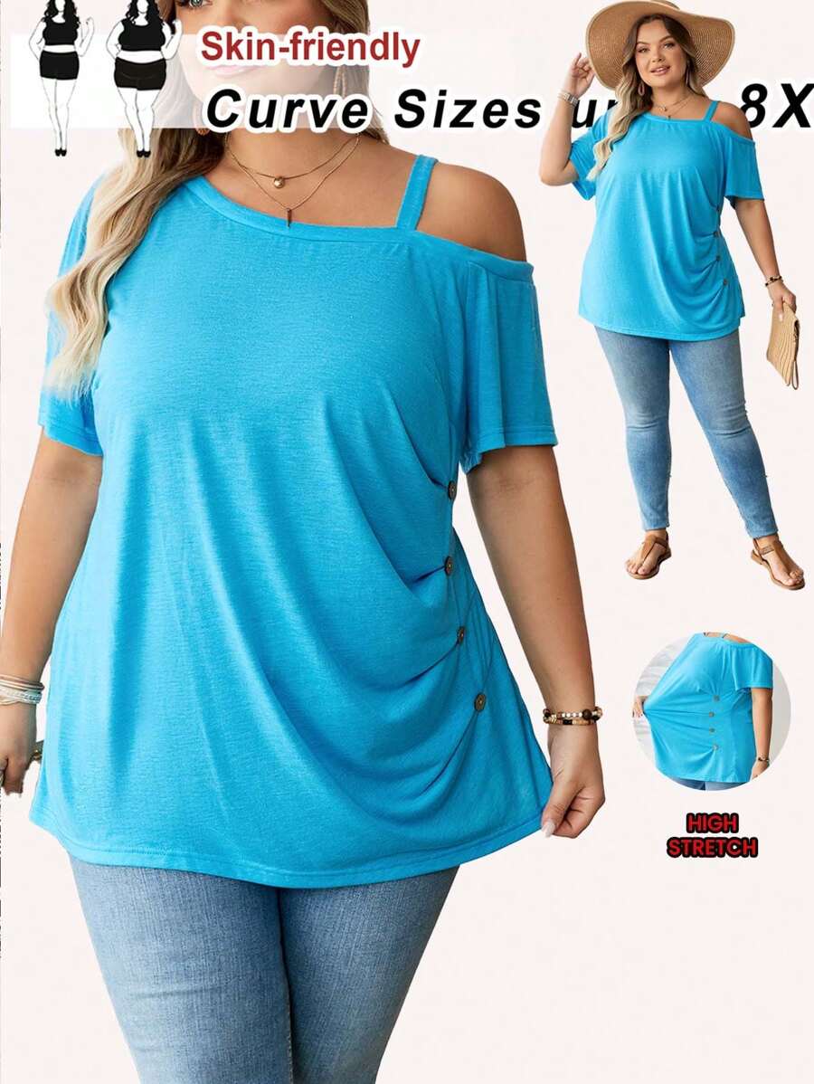 SHEIN CURVE+ Plus Size Asymmetrical Collar Button Decorated T-Shirt, Casual For Summer Holiday - Blue - View 1