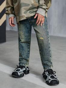 SHEIN YOUNG BOYS Vintage Distressed Washed Straight Leg Jeans, Casual Fashion Street Style Denim Pants For Boys
