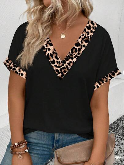 SHEIN Plus Size Casual Leopard Print Patchwork kortärmad T-shirt, sommar