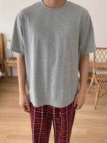 DAZY Grey T-Shirt Set With Men's Plaid Home Wear, Spring/Summer Pajama - Multicolor - View 5